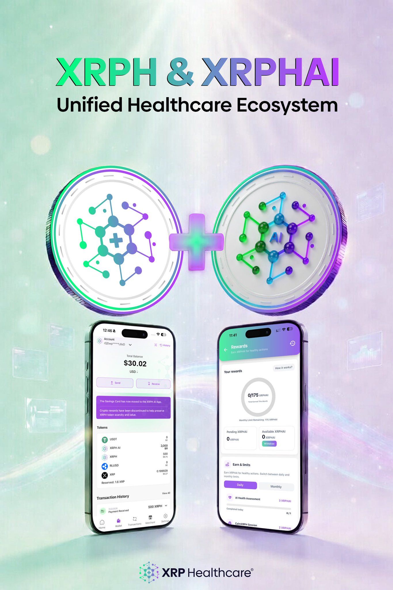 XRPH and XRPHAI visualized as a unified healthcare ecosystem, combining infrastructure and rewards, with mobile app interfaces showing wallet functionality and in-app reward tracking.