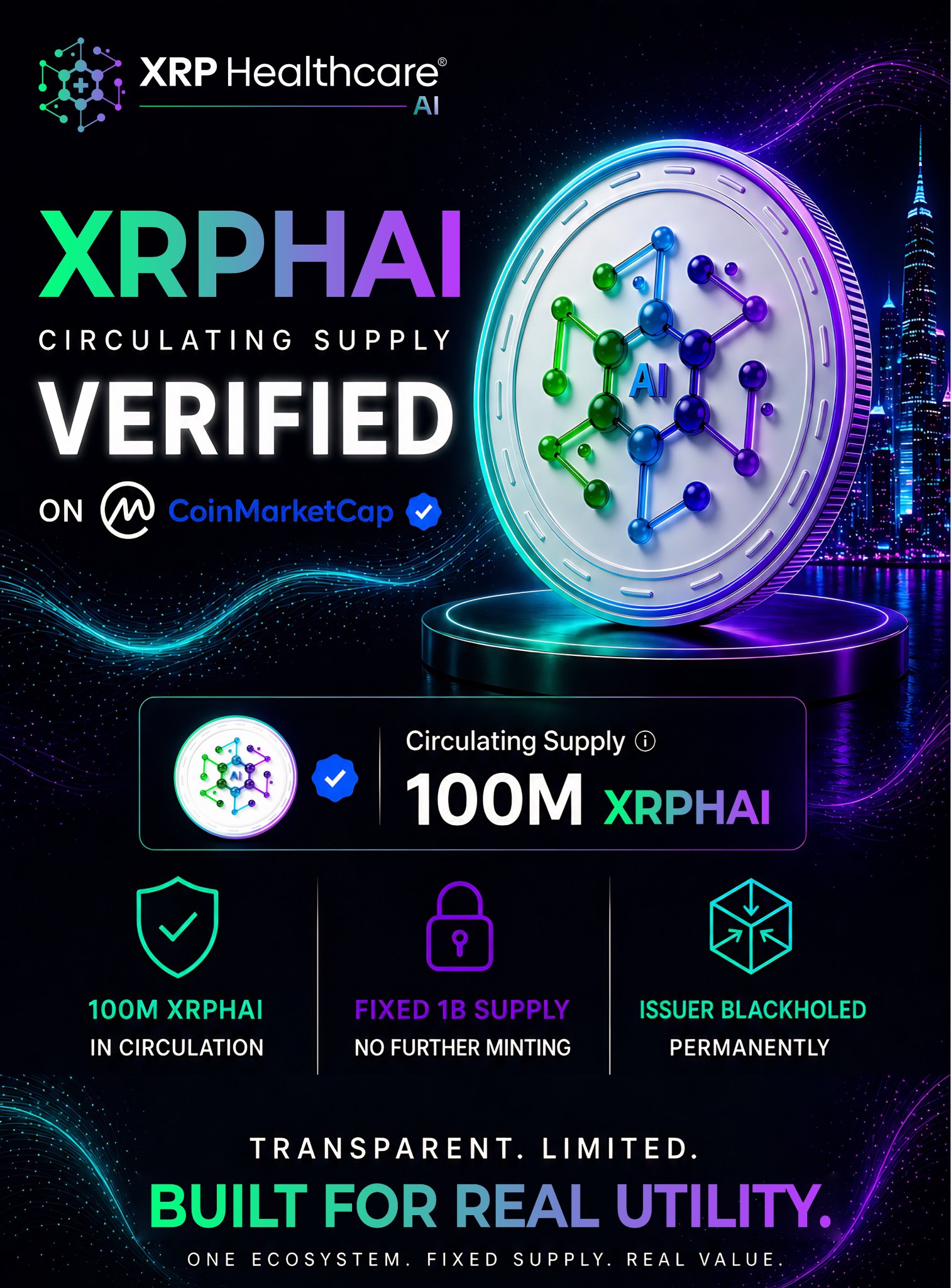 Structure matters.

100M circulating supply — verified on CoinMarketCap.

1B max supply. Issuer permanently blackholed.

Scarcity is engineered into the XRP Healthcare ecosystem.